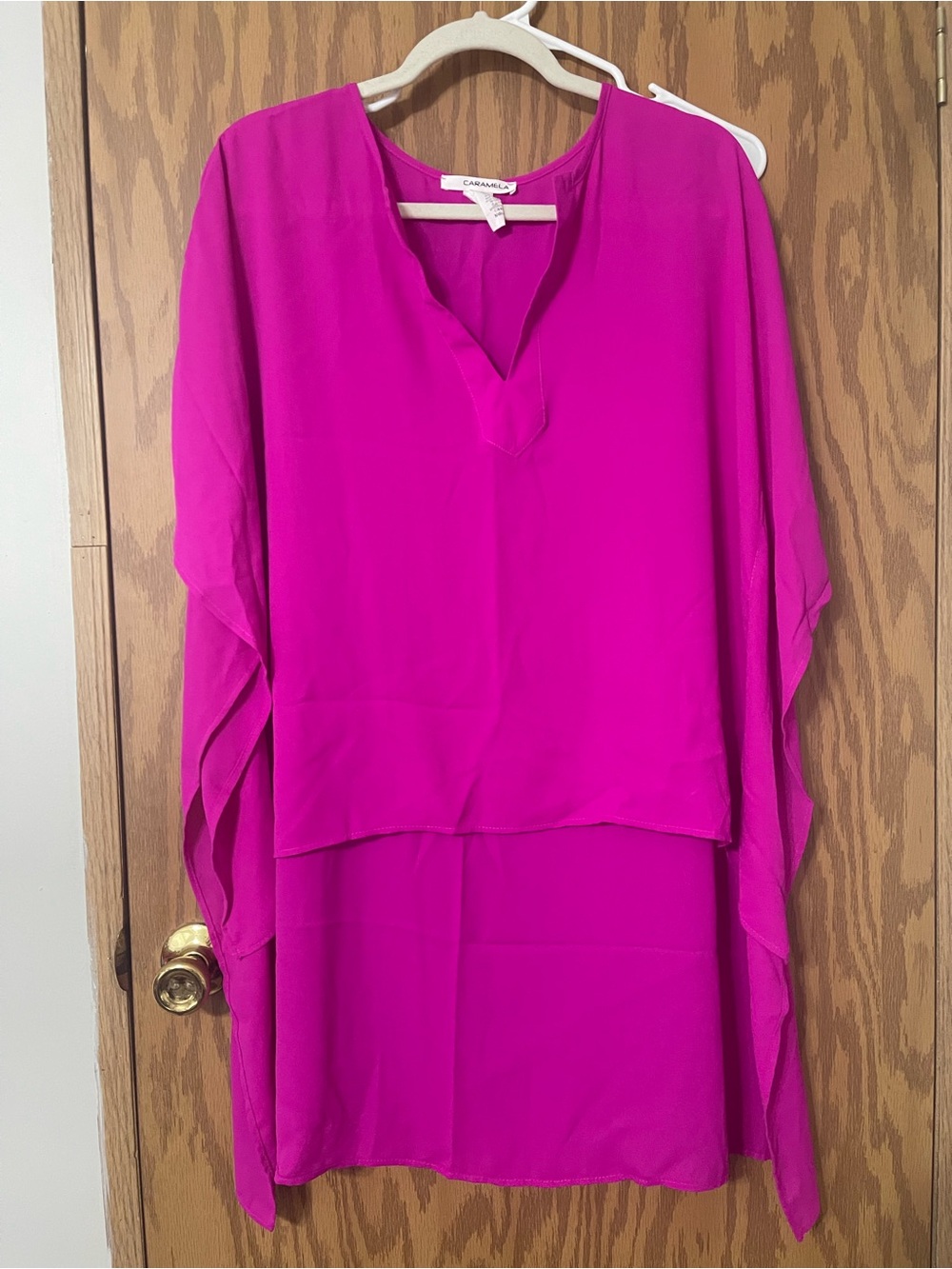 CARAMELA Fuchsia Split-Layer V-Neck Tunic Blouse